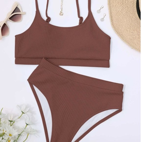 Brown Ribbed High Waist Bikini Bathing Suit - Picture 5 of 9